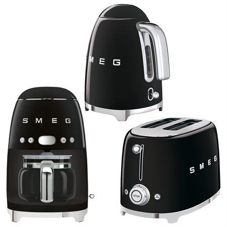 Smeg 50's Style Siyah Kettle - 1x2 Ekmek Kızartma Makinesi Ve Filtre Kahve Makine Seti