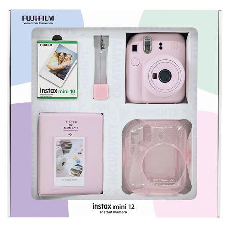 Instax mini 12 Pembe Fotoğraf Makinesi 10'lu Film Simli Pleksi Kılıf PVC Albüm ve Kıskaçlı Resim Standı Bundle Box